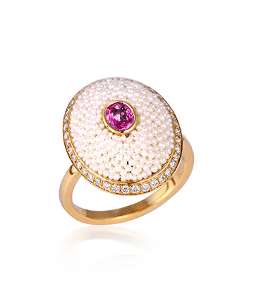 Pearl, Diamond and Pink sapphire ring